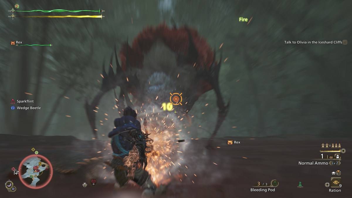 Ein Jäger in Monster Hunter Wilds, der normale Munition mit der leichten Bogenkanone gegen eine Lala Barina einsetzt