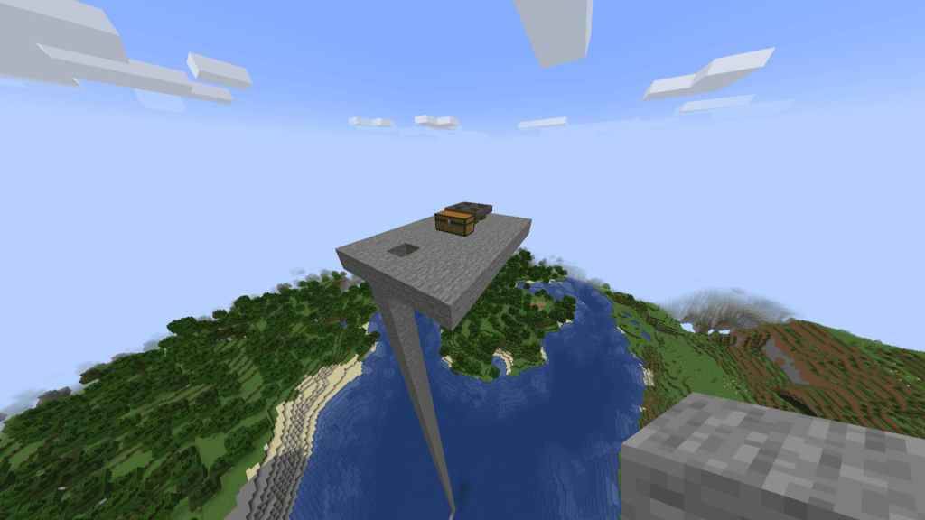 Minecraft klein platform in de lucht met een kist en vier hoppers voor Mob Spawner