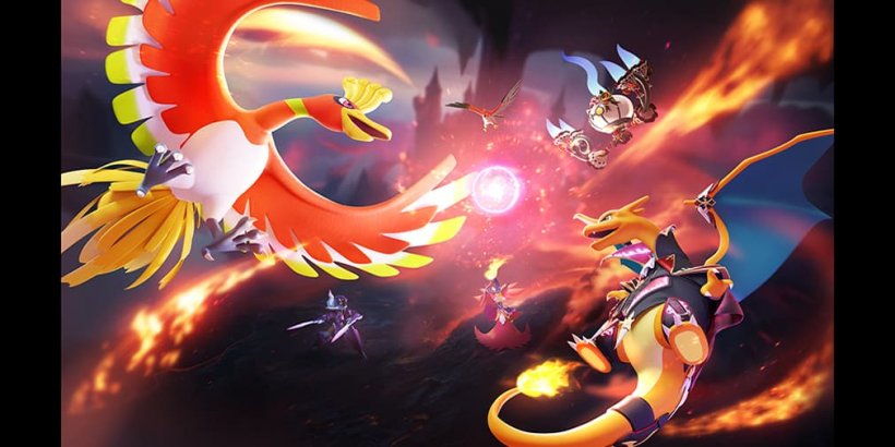 Orange, puti at dilaw na ibon pokemon na nakikipaglaban sa orange dragon pokemon