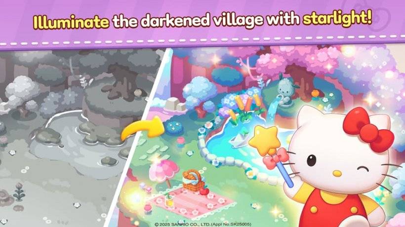 Gambar Hello Kitty melambai tongkat sihir di atas landskap yang mempunyai warna yang dipulihkan