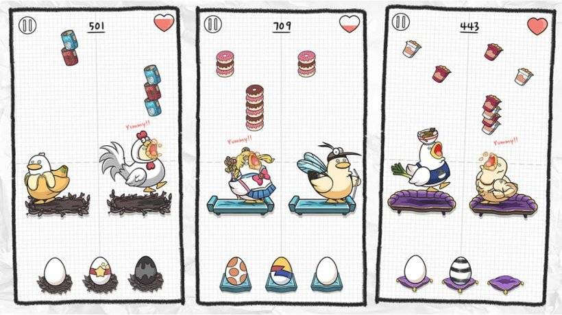 A picture of Duck Town gameplay showing descending food heading towards various differently-dressed ducks, some in cosplay