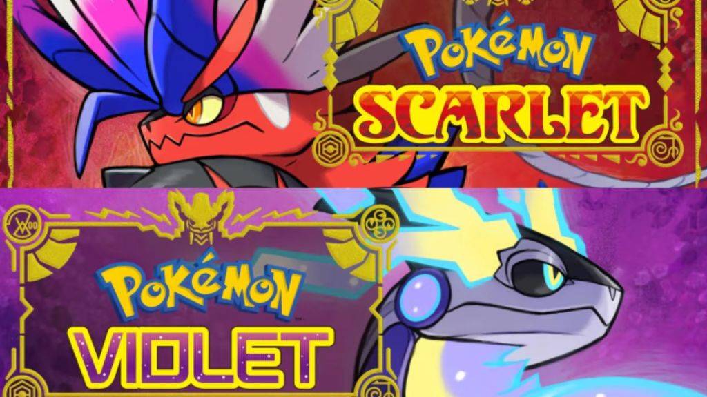 Cover Art per Pokemon Scarlet e Pokemon Violet, con Koraidon e Miradon, nonché i loghi del gioco