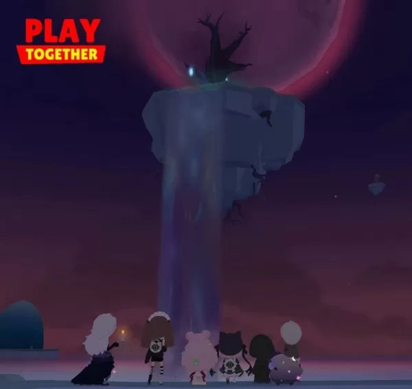 떠 다니는 섬을 바라 보는 사람들의 사진, 이미지에는 압도적 인 어두운 보라색 팔레트가 있습니다.