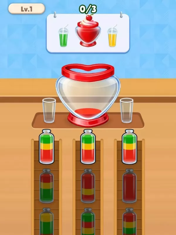 A picture of flasks being poured into a waiting bottle with multicoloured liquids.