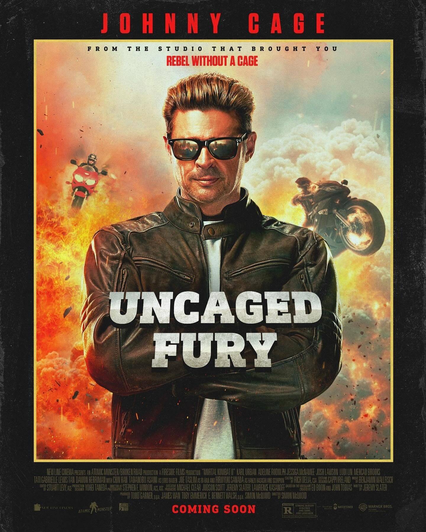Poster filem palsu untuk filem Johnny Cage yang mempromosikan filem yang sangat nyata, Mortal Kombat 2. Kredit: Warner Bros.