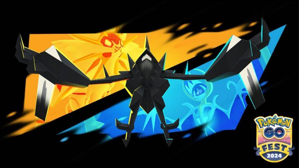 神奇寶貝GO圖像顯示了Necrozma，帶有Necrozma Dusk Mane和Dawn Wings在後台