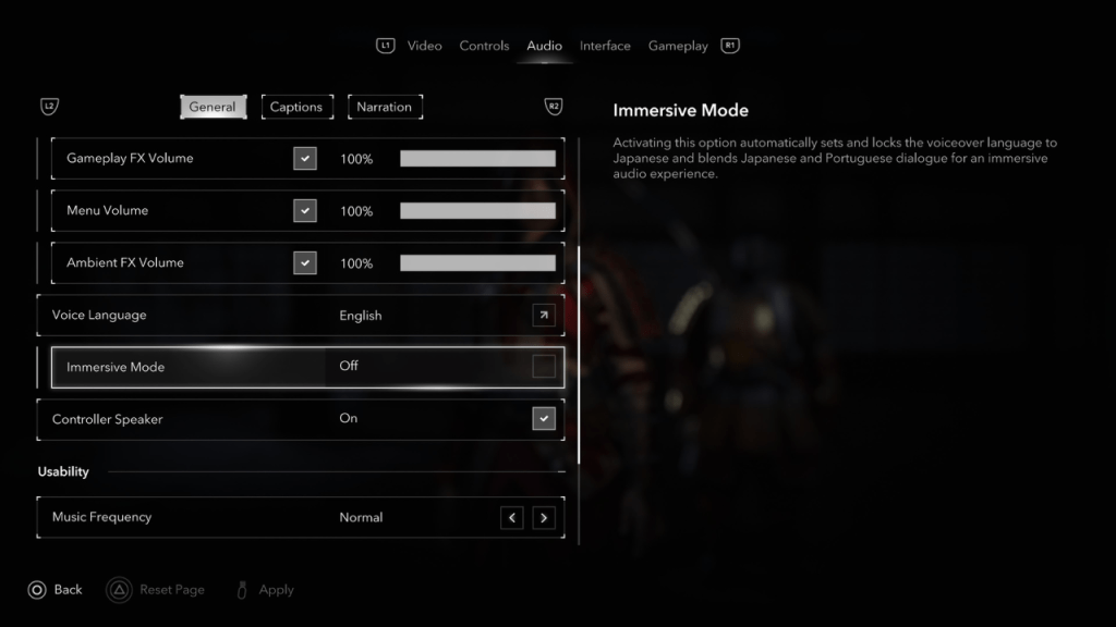 Mga pagpipilian sa audio ng Assassin's Creed Shadows, naka -highlight na mode