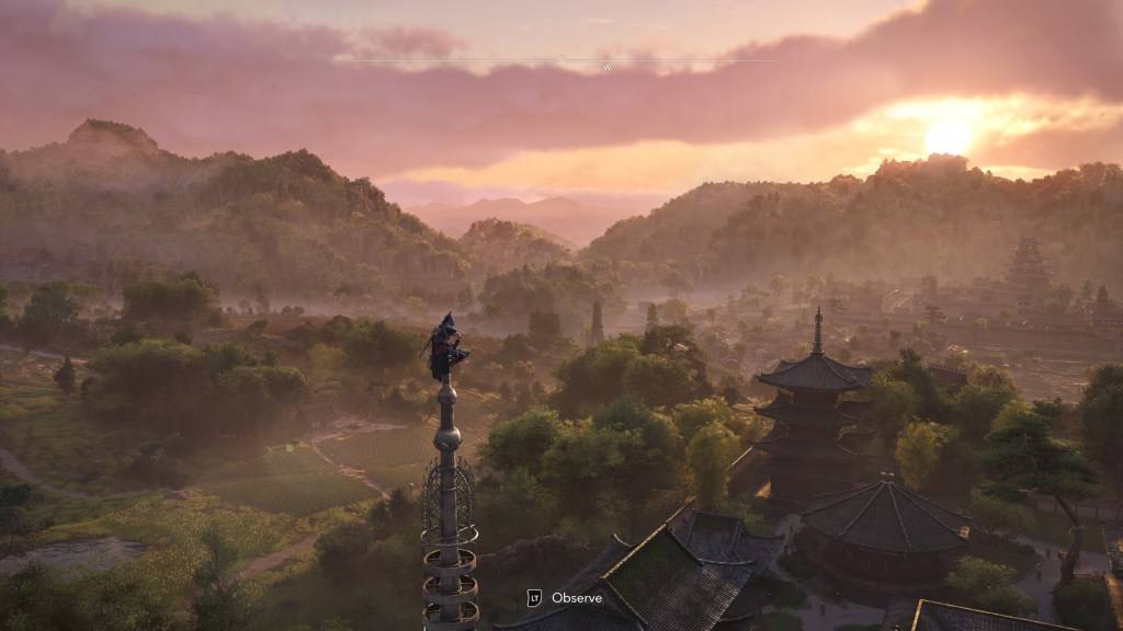 Naoe bersiap untuk memerhatikan kawasan selepas menyegerakkan di *Assassin's Creed Shadows *, melalui Ubisoft